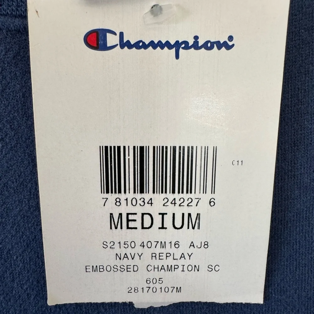 Champion Navy Embossed Logo Sweatshirt NWT Men’s Medium Classic Crewneck - Picture 12 of 13